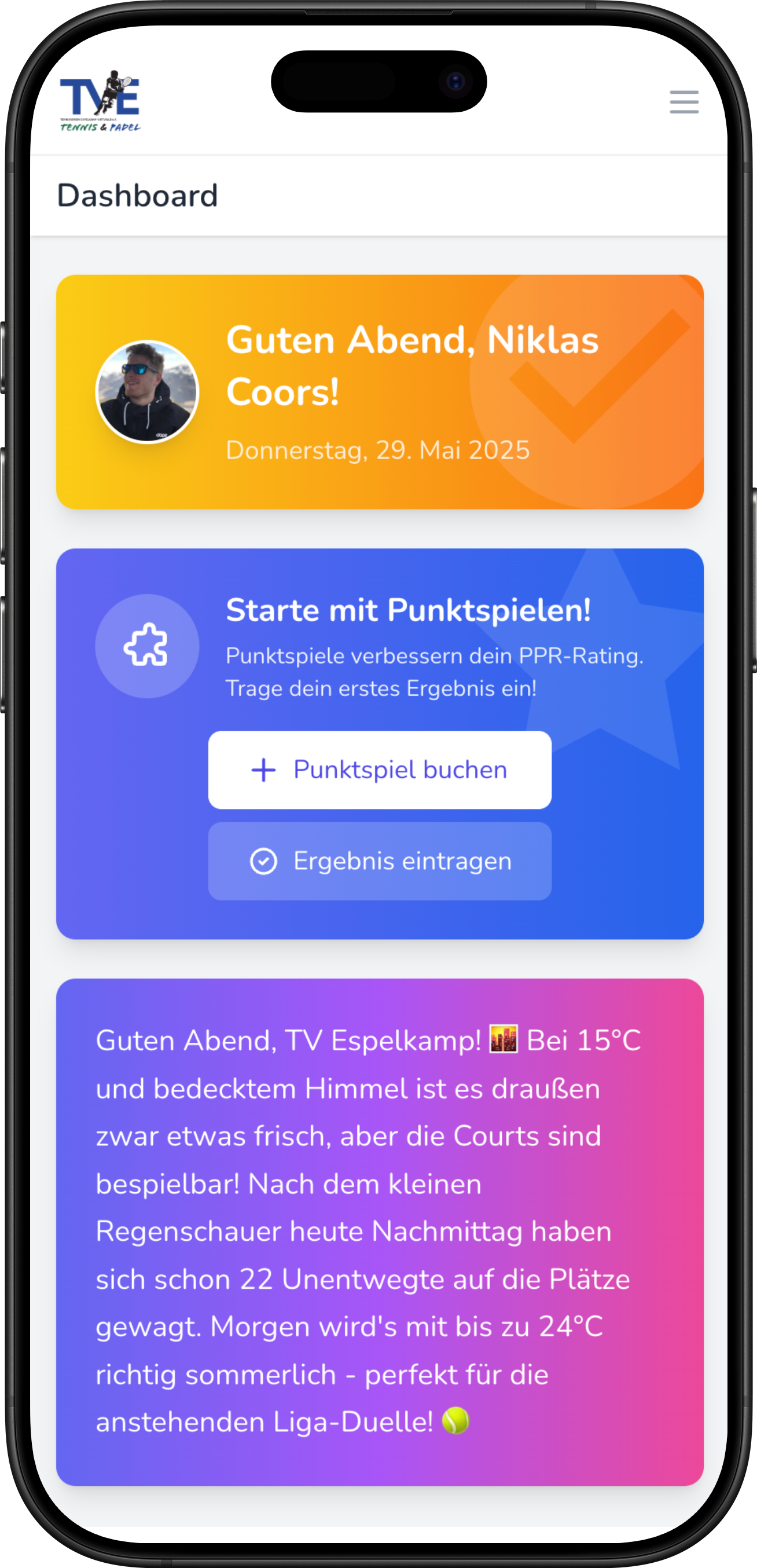 Padello Dashboard auf iPhone
